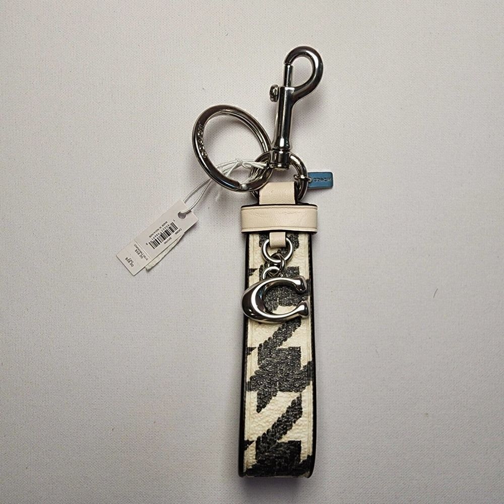 NWT COACH CK069 Loop Bag Charm Houndstooth Print Key Chain FOB Cream/Black